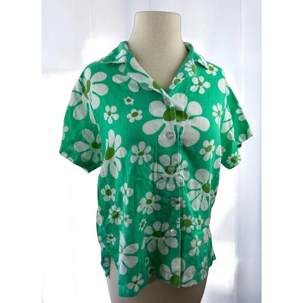 Big Bud Lazy Daisy Button Up Shirt Green Floral Print Top Cotton US Made Size XS - Picture 2 of 12